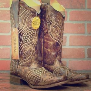 Corral Distressed Brown Studded Square Toe